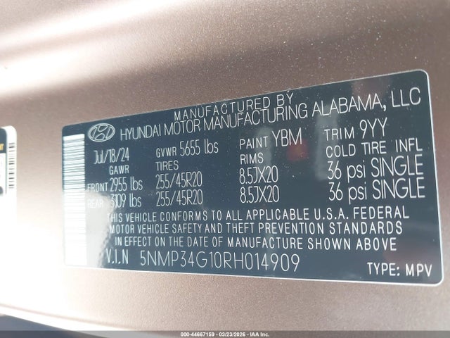 44667159 :رقم المزاد ، 5NMP34G10RH014909 vin ، 2024 Hyundai Santa Fe Hybrid Limited مزاد بيع