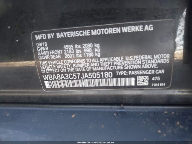 44667173 :رقم المزاد ، WBA8A3C57JA505180 vin ، 2018 Bmw 320i Xdrive مزاد بيع