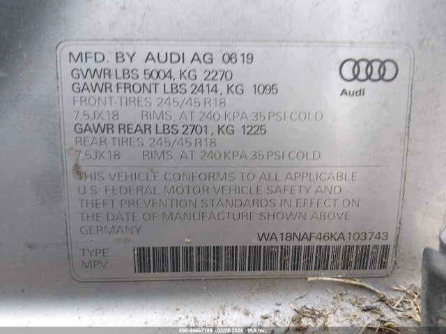 Продаж на аукціоні авто 2019 Audi A4 Allroad 45 Premium, vin: WA18NAF46KA103743, номер лоту: 44667199