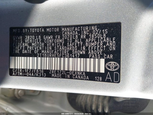 Продажа на аукционе авто 2015 Toyota Corolla Le Plus, vin: 2T1BURHE5FC361417, номер лота: 44667211