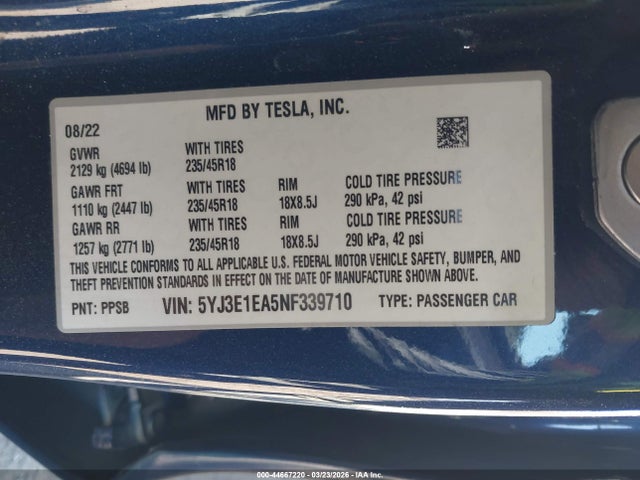 Aukcja sprzedaży 2022 Tesla Model 3 Rear-wheel Drive, vin: 5YJ3E1EA5NF339710, numer aukcji: 44667220