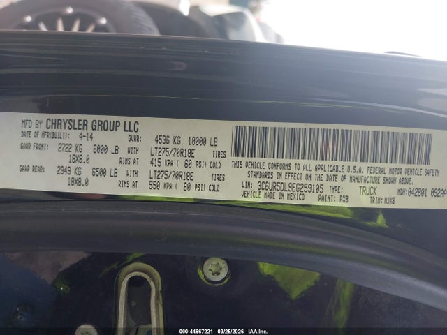 Продажа на аукционе авто 2014 Ram 2500 Big Horn, vin: 3C6UR5DL9EG259105, номер лота: 44667221
