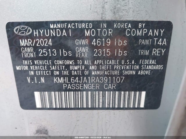 Aukcja sprzedaży 2024 Hyundai Sonata Sel, vin: KMHL64JA1RA391107, numer aukcji: 44667259