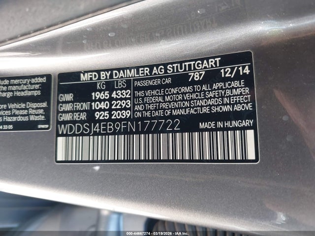 2015 Mercedes-benz Cla 250 მანქანა იყიდება აუქციონზე, vin: WDDSJ4EB9FN177722, აუქციონის ნომერი: 44667274