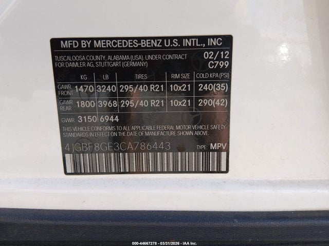 44667278 :رقم المزاد ، 4JGBF8GE3CA786443 vin ، 2012 Mercedes-benz Gl 550 4matic مزاد بيع