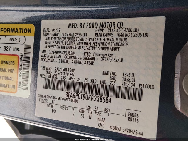 44667292 :رقم المزاد ، 3FA6P0T90KR238584 vin ، 2019 Ford Fusion Se مزاد بيع