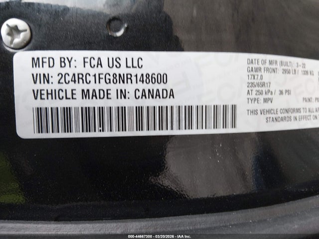 2022 Chrysler Pacifica Touring მანქანა იყიდება აუქციონზე, vin: 2C4RC1FG8NR148600, აუქციონის ნომერი: 44667300