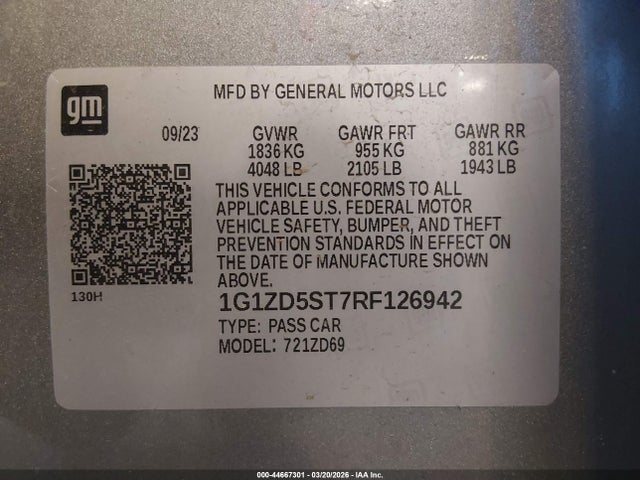1G1ZD5ST7RF126942 Chevrolet Malibu Fwd 1lt