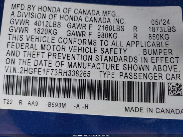 2024 Honda Civic Ex მანქანა იყიდება აუქციონზე, vin: 2HGFE1F73RH338265, აუქციონის ნომერი: 44667315