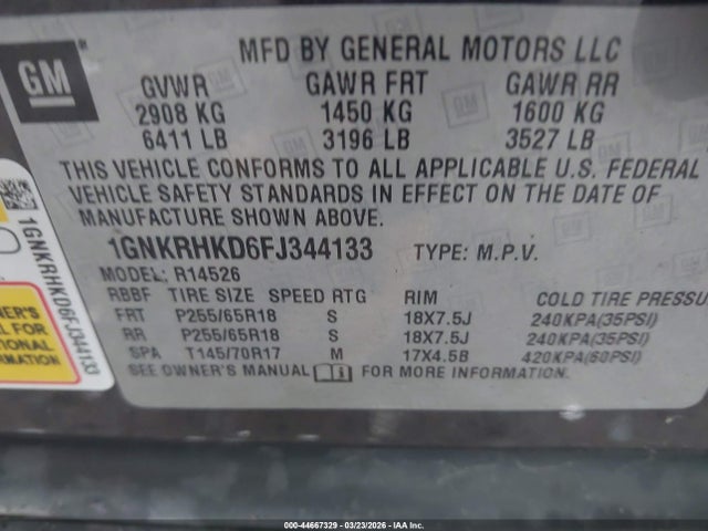 Aukcja sprzedaży 2015 Chevrolet Traverse 2lt, vin: 1GNKRHKD6FJ344133, numer aukcji: 44667329