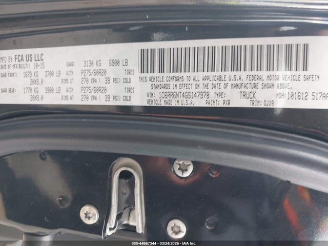 Продаж на аукціоні авто 2016 Ram 1500 Laramie, vin: 1C6RR6NT4GS147978, номер лоту: 44667344