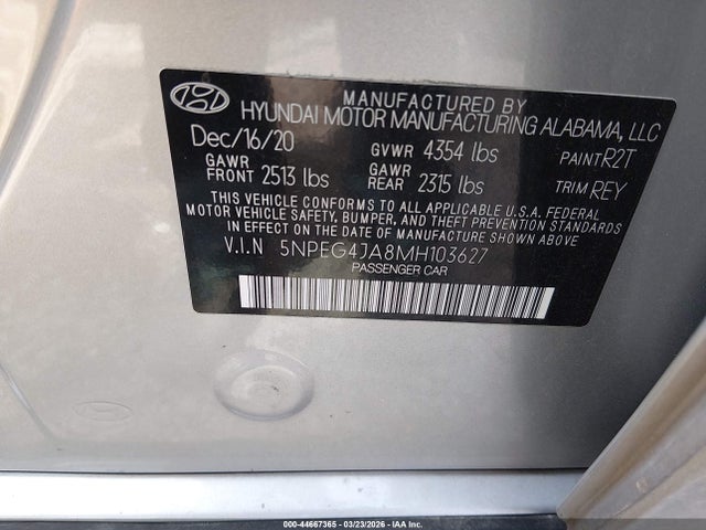 2021 Hyundai Sonata Se მანქანა იყიდება აუქციონზე, vin: 5NPEG4JA8MH103627, აუქციონის ნომერი: 44667365