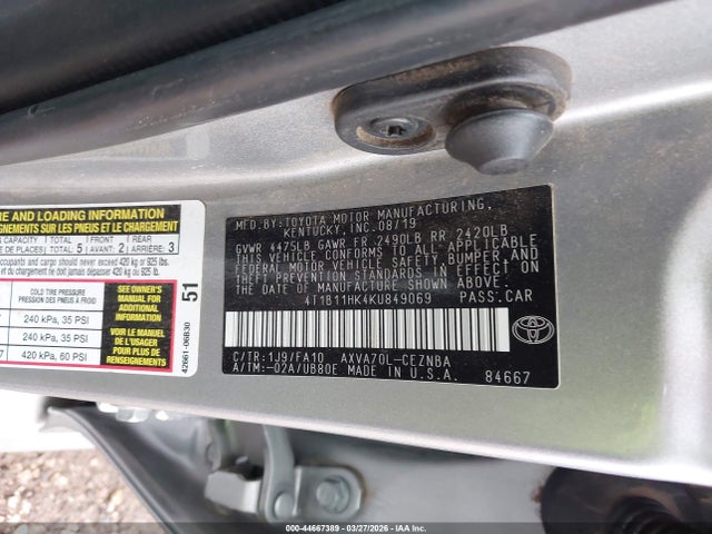 4T1B11HK4KU849069 Toyota CAMRY LE