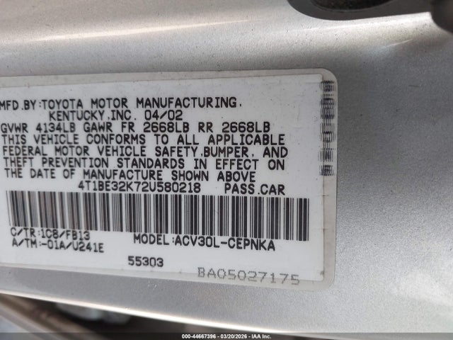 Aukcja sprzedaży 2002 Toyota Camry Le, vin: 4T1BE32K72U580218, numer aukcji: 44667396