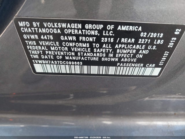 44667398 :رقم المزاد ، 1VWBH7A37DC099663 vin ، 2013 Volkswagen Passat 2.5l Se مزاد بيع