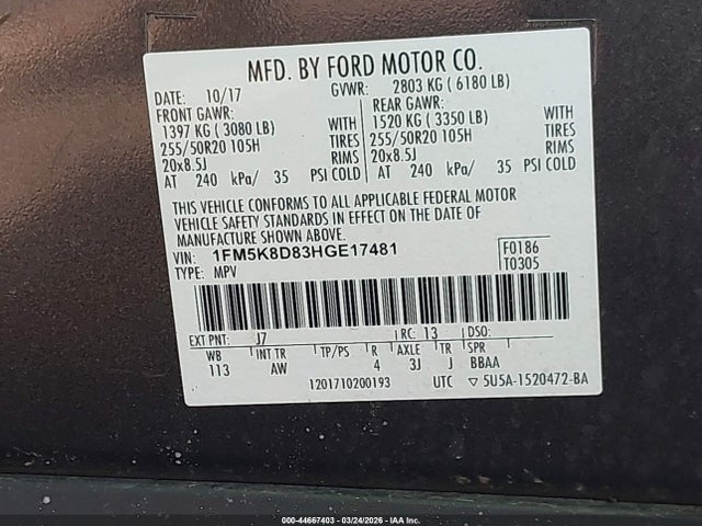 Продажа на аукционе авто 2017 Ford Explorer Xlt, vin: 1FM5K8D83HGE17481, номер лота: 44667403
