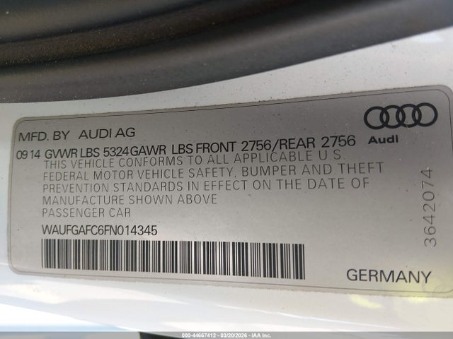 44667412 :رقم المزاد ، WAUFGAFC6FN014345 vin ، 2015 Audi A6 3.0t Premium Plus مزاد بيع