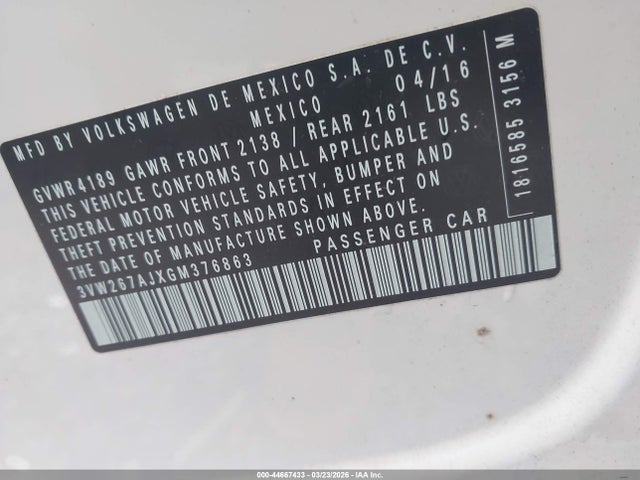 44667433 :رقم المزاد ، 3VW267AJXGM376863 vin ، 2016 Volkswagen Jetta 1.4t S مزاد بيع