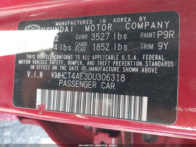 44667435 :رقم المزاد ، KMHCT4AE3DU306318 vin ، 2013 Hyundai Accent Gls مزاد بيع