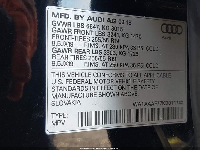 Aukcja sprzedaży 2019 Audi Q7 55 Premium, vin: WA1AAAF77KD011742, numer aukcji: 44667439