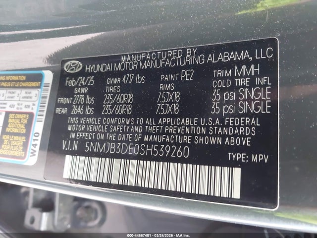 44667481 :رقم المزاد ، 5NMJB3DE0SH539260 vin ، 2025 Hyundai Tucson Sel مزاد بيع