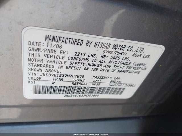 2007 Infiniti G35 Sport მანქანა იყიდება აუქციონზე, vin: JNKBV61E37M707800, აუქციონის ნომერი: 44667483