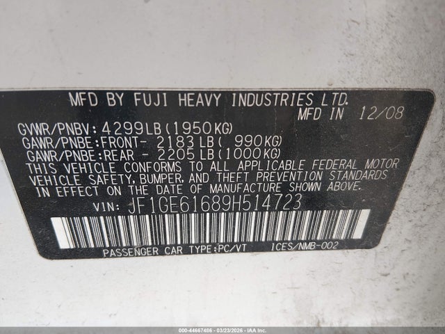 2009 Subaru Impreza 2.5i მანქანა იყიდება აუქციონზე, vin: JF1GE61689H514723, აუქციონის ნომერი: 44667486