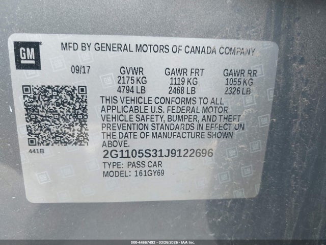 Продажа на аукционе авто 2018 Chevrolet Impala 1lt, vin: 2G1105S31J9122696, номер лота: 44667492