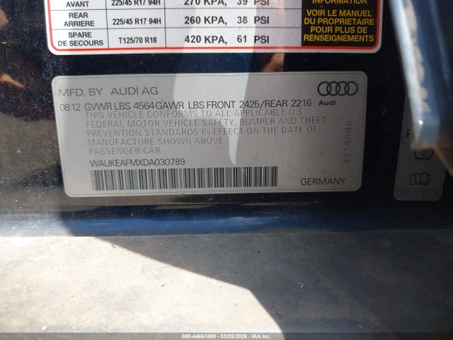 44667498 :رقم المزاد ، WAUKEAFMXDA030789 vin ، 2013 Audi A3 2.0t Premium مزاد بيع