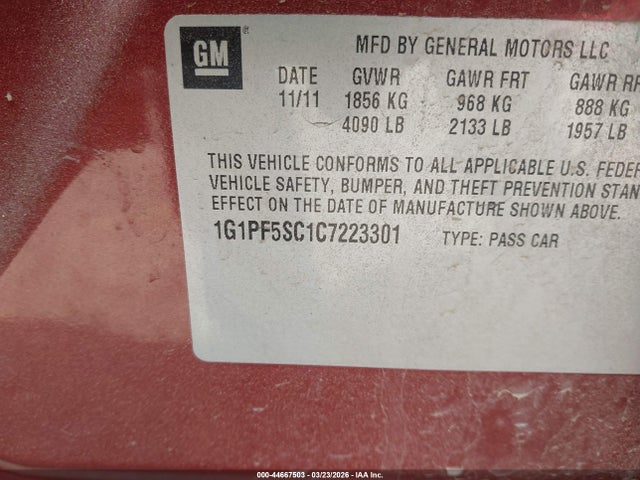 Продаж на аукціоні авто 2012 Chevrolet Cruze 1lt, vin: 1G1PF5SC1C7223301, номер лоту: 44667503
