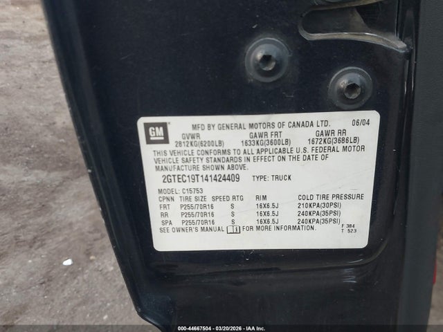 2004 Gmc Sierra 1500 Sle მანქანა იყიდება აუქციონზე, vin: 2GTEC19T141424409, აუქციონის ნომერი: 44667504