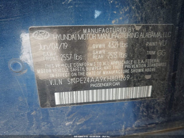 Продаж на аукціоні авто 2019 Hyundai Sonata Eco, vin: 5NPE24AA9KH801269, номер лоту: 44667519