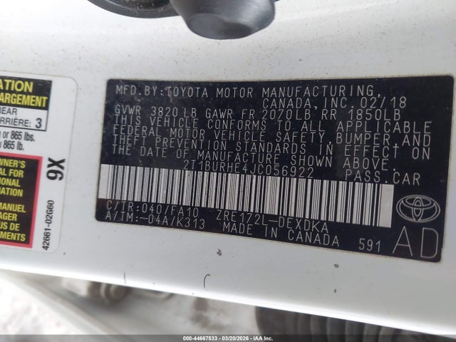 Продаж на аукціоні авто 2018 Toyota Corolla L, vin: 2T1BURHE4JC056922, номер лоту: 44667533