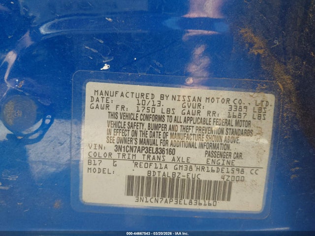 2014 Nissan Versa 1.6 Sv მანქანა იყიდება აუქციონზე, vin: 3N1CN7AP3EL836160, აუქციონის ნომერი: 44667543