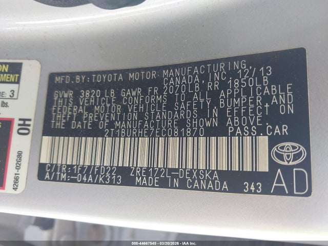 Toyota Corolla S Plus 2014 2T1BURHE7EC081870 Image 9