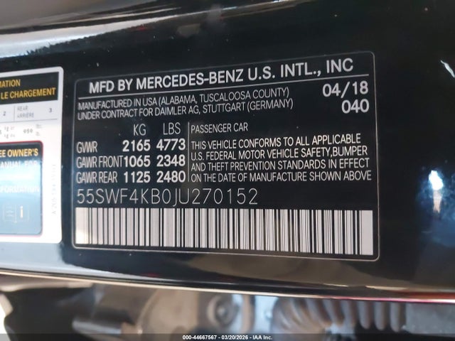 Продаж на аукціоні авто 2018 Mercedes-benz C 300 4matic, vin: 55SWF4KB0JU270152, номер лоту: 44667567