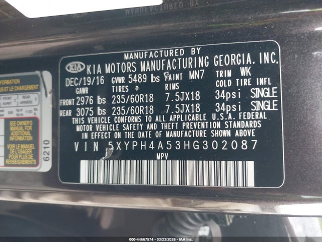 5XYPH4A53HG302087 KIA Sorento 3.3l Ex