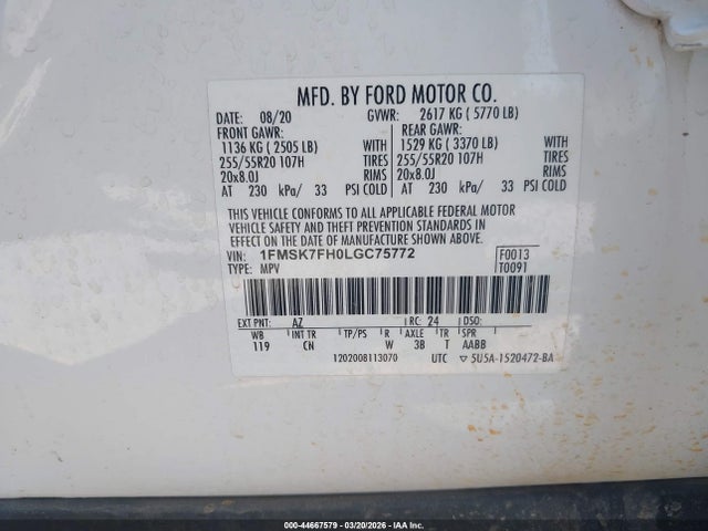 44667579 :رقم المزاد ، 1FMSK7FH0LGC75772 vin ، 2020 Ford Explorer Limited مزاد بيع