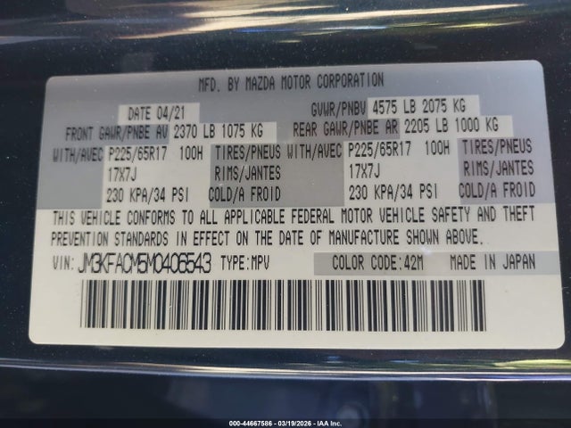 44667586 :رقم المزاد ، JM3KFACM5M0406543 vin ، 2021 Mazda Cx-5 Touring مزاد بيع