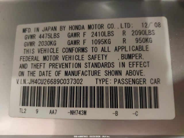 Aukcja sprzedaży 2009 Acura Tsx, vin: JH4CU26689C037302, numer aukcji: 44667603