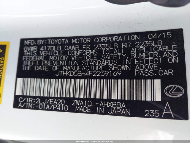 Aukcja sprzedaży 2015 Lexus Ct 200h, vin: JTHKD5BH4F2239169, numer aukcji: 44667607