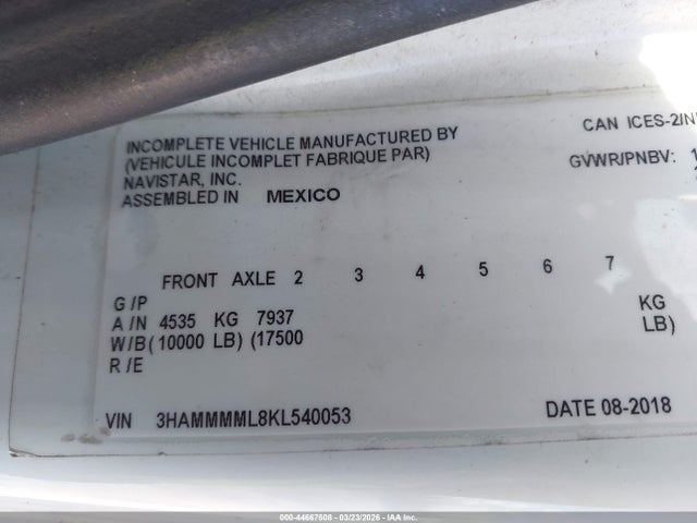 44667608 :رقم المزاد ، 3HAMMMML8KL540053 vin ، 2019 International Durastar 4300 مزاد بيع