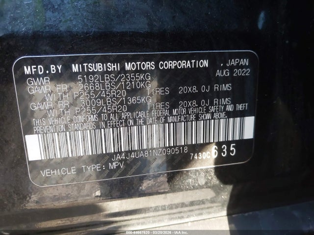 Aukcja sprzedaży 2022 Mitsubishi Outlander Black Edition S-awc/se 2.5 S-awc/se Launch Edition S-awc, vin: JA4J4UA81NZ090518, numer aukcji: 44667620