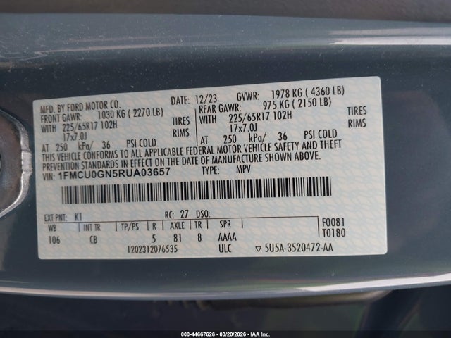 44667626 :رقم المزاد ، 1FMCU0GN5RUA03657 vin ، 2024 Ford Escape Active مزاد بيع