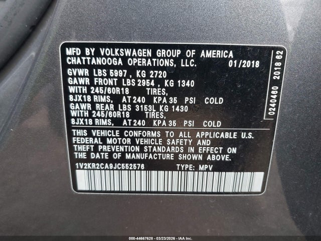 1V2KR2CA9JC552576 Volkswagen Atlas 3.6l V6 Se