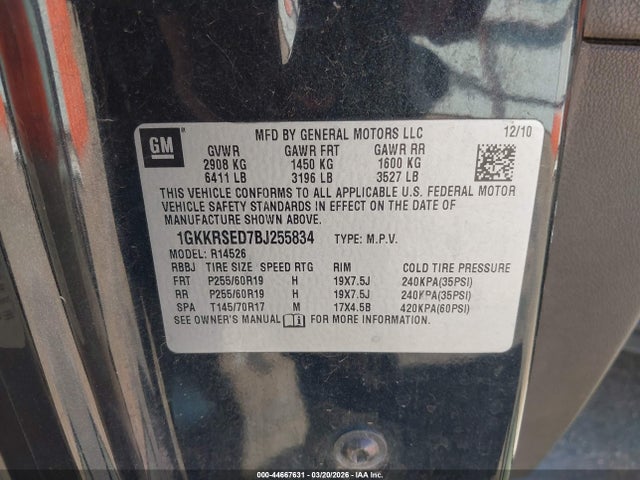 Продажа на аукционе авто 2011 Gmc Acadia Slt-2, vin: 1GKKRSED7BJ255834, номер лота: 44667631