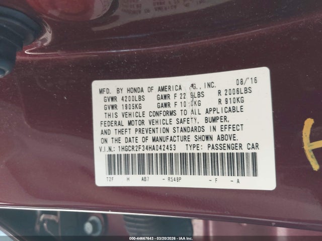 Продажа на аукционе авто 2017 Honda Accord Lx, vin: 1HGCR2F34HA042453, номер лота: 44667643