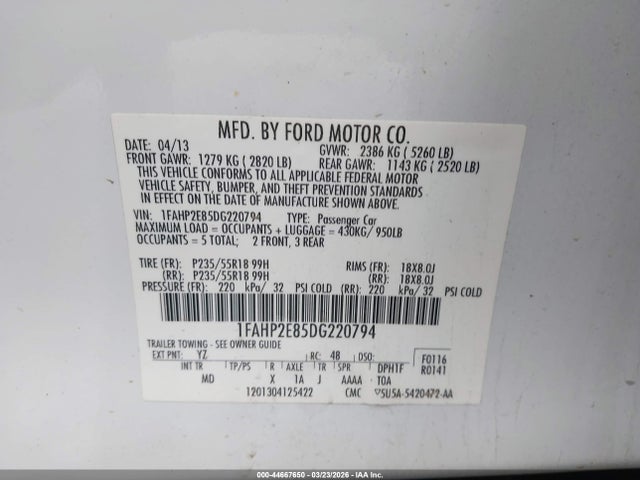 Продаж на аукціоні авто 2013 Ford Taurus Sel, vin: 1FAHP2E85DG220794, номер лоту: 44667650