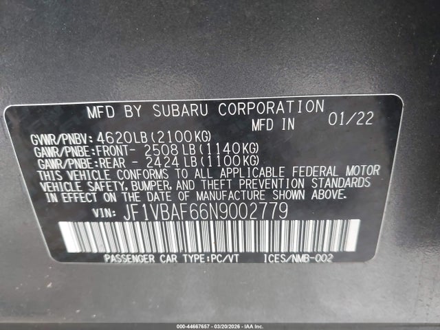 44667657 :رقم المزاد ، JF1VBAF66N9002779 vin ، 2022 Subaru Wrx Premium مزاد بيع