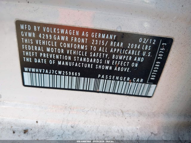 Продаж на аукціоні авто 2012 Volkswagen Gti 4-door, vin: WVWHV7AJ7CW259669, номер лоту: 44667664
